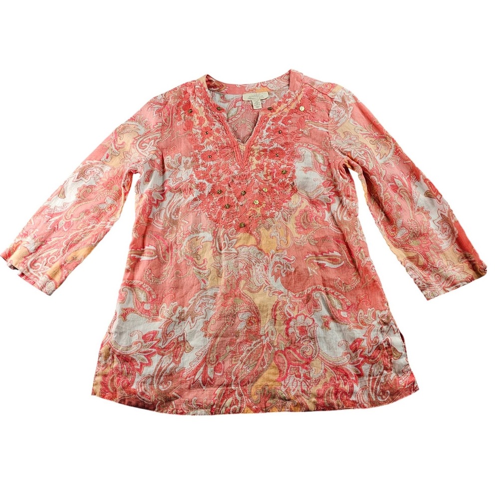 Charter Club Linen Blend Paisley Embroidered V Neck Tunic Top Petite SM Coral